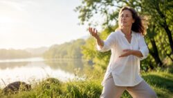 Frau macht Tai-Chi am Seeufer