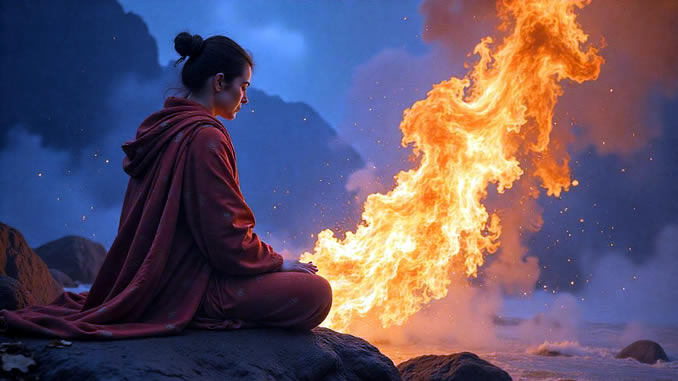 eine Frau sitzt auf einem Felsen neben einem Feuer