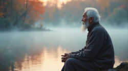 Meditation und Aufmerksamkeitstraining Mann meditiert am Wasser
