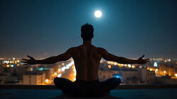 Sat-Chit-Ananda - Glück ist dem Bewusstsein innewohnend - Mann in Frieden und Meditation betrachtet den Mond