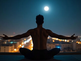 Mann in Frieden und Meditation betrachtet den Mond