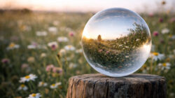 Wertschätzung und Selbstwert Glaskugel auf Holzklotz auf einer Wiese