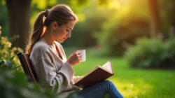 eine Frau liest im Garten in dem Ayurveda Begleitbuch
