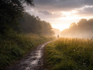 matschiger Waldweg mit Sonne im Hintergrund