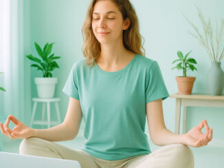 Digitaler Stress gelöst von einer Frau in Meditation