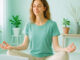 Digitaler Stress gelöst von einer Frau in Meditation