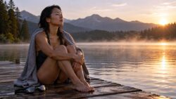 Sport und Meditation - Frau meditierend auf einem Steg am See
