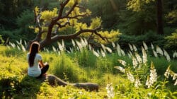 eine Frau findet Innere Gelassenheit für Ausgleich und Ruhe in der Natur