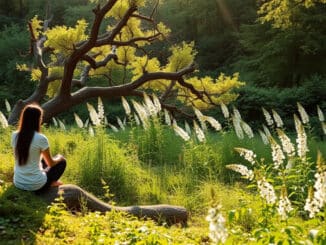 eine Frau findet Innere Gelassenheit für Ausgleich und Ruhe in der Natur