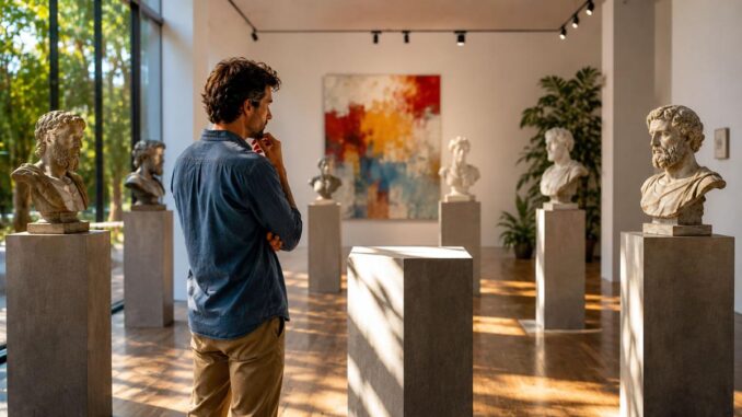 Nachdenklicher Besucher in der Skulpturengalerie
