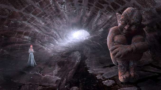 Kobolde – Fantasiemotiv in einer Höhle Frau und koboldartige Figur in einer Höhle – Fantasiemotiv zum Beitrag über Kobolde