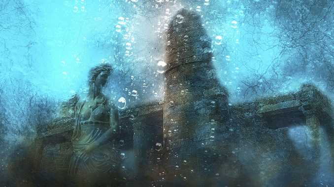 Lemuria-Mythos: symbolische Unterwasser-Ruinen mit Turm und Statue