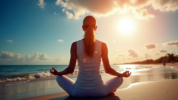 Lebensqualität durch Meditation einer Frau am Strand