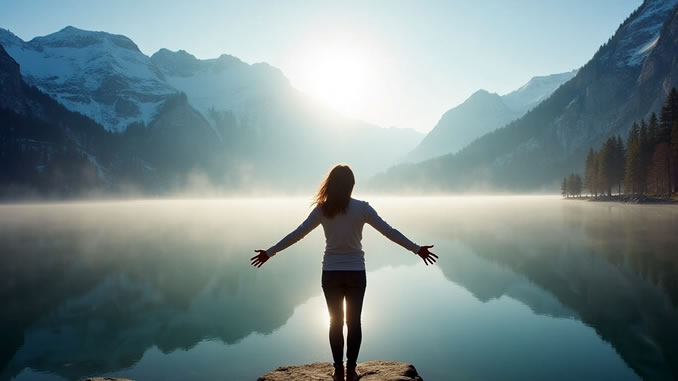 678-381-frau-see-arme-ausgebreitet-KI-FP Zukunft verändern mit der Kraft unseres Geistes - eine Frau steht am See