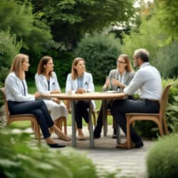 Weiterbildung Heilpraktiker, Arzt, Therapeut und Coach diskutieren im Seminargarten