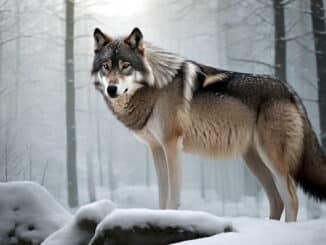 Krafttier Wolf steht auf einem Felsen