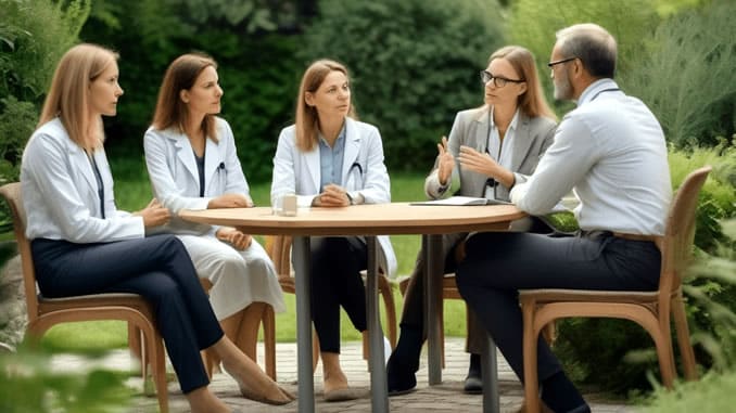 Weiterbildung Heilpraktiker, Arzt, Therapeut und Coach diskutieren im Seminargarten