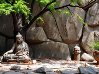 Weisheit ist wirkliche Notwendigkeit denkt der sitzende Buddha vor einem Baum