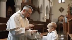 Taufe mit Priester und Kind mit Wasser in Kirche. Hintergründe religiöser Symbole