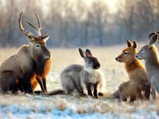 Wenn Tiere Herzen öffnen Gruppe von Tieren diskutiert auf einer Wiese im Winter