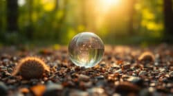 Fülle leben Wahrnehmung reflektieren kann man mit einer Glaskugel auf dem Waldboden üben