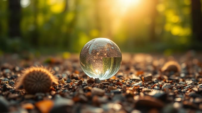 Wahrnehmung reflektieren kann man mit einer Glaskugel auf dem Waldboden üben