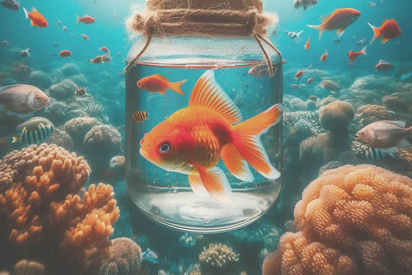 goldfische im glas im ozean