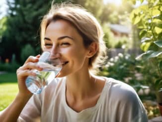 Was Fasten mit unseren Emotionen macht Frau trinkt lächelnd Wasser