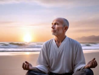 Christus-Energie Mann mit weisem Gesicht, meditierend am Strand