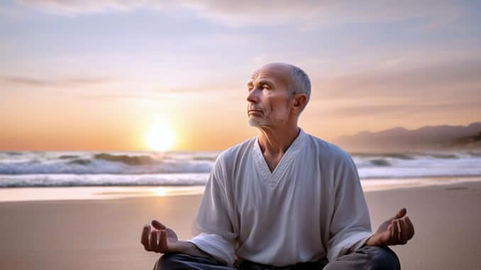 Christus-Energie Mann mit weisem Gesicht, meditierend am Strand