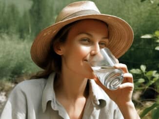 gesunde Lebensweise Frau trinkt in der Natur ein Glas Wasser