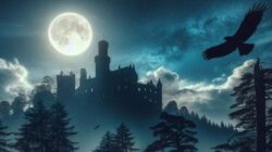 Vermächtnis der Kunst der Alchemie Vogel in hellem Mondlicht und die Konturen von Burgmauern