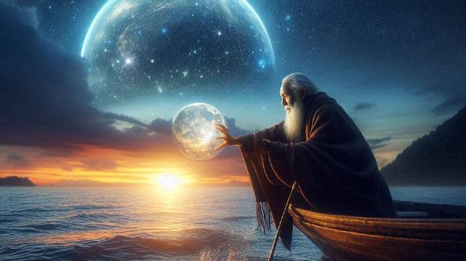 aelterer weiser Mann der Nachts im Boot steht und den Mond in den Haenden haelt