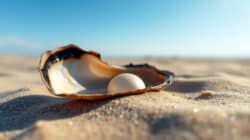 Leben kreieren  eine halbe Auster liegt am Strand mit einer Perle