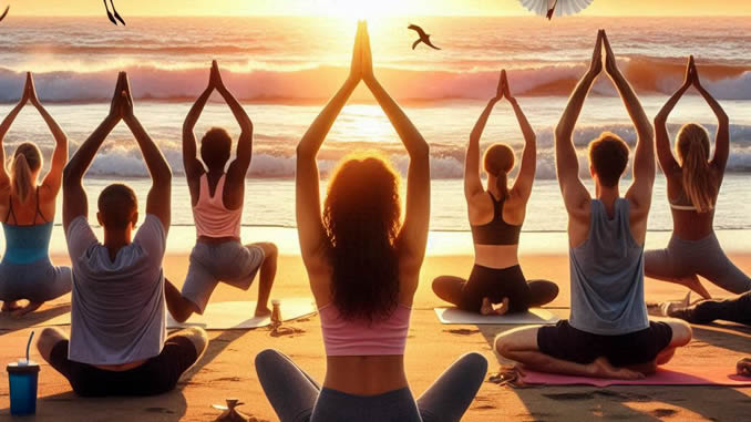 yoga am meer bei sonnenuntergang