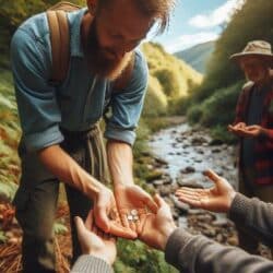 Werte und Normen Mann der in der Natur kleine Gesten der Guete, der Großzuegigkeit und des Mitgefuehls gegenueber anderen Menschen zeigt