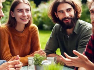 Seminarteilnehmer diskutieren im Garten