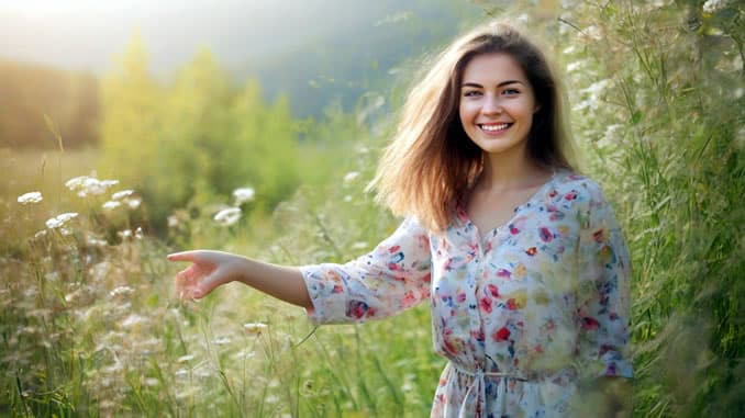 5 Ebenen Persönlichkeitsentwicklung einer jungen Frau auf einer Wiese