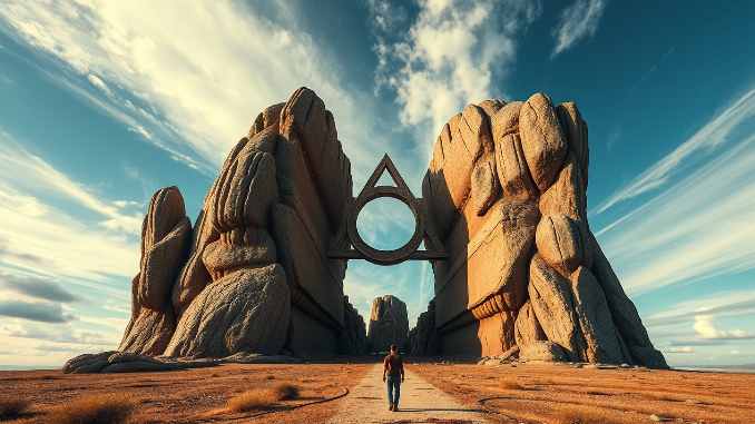 Mann der auf Felsen mit Symbol zugeht