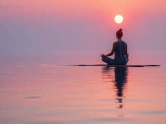 Universelle Entwicklung der Meditation bei einer Frau auf dem Meer meditierend