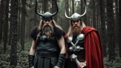Symbolbild zur nordischen Mythologie: zwei bärtige Fantasiefiguren mit Hörnerhelmen im Wald