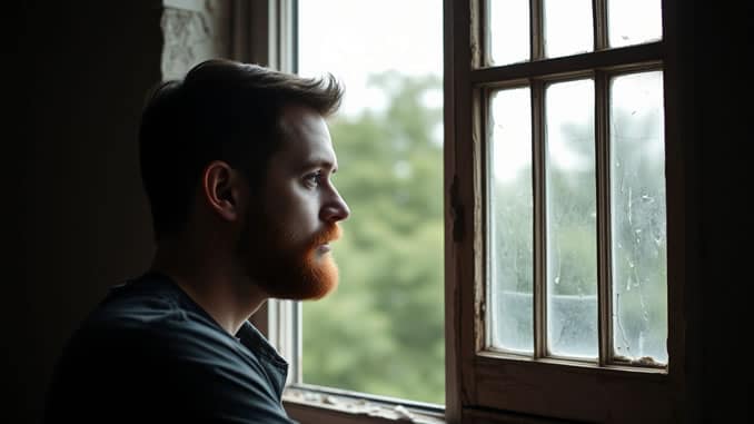 Lebenszeit Mann mit Bart steht am Fenster