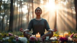 Meditation bei Angst einer Frau auf dem Waldboden bei Sonnenlicht