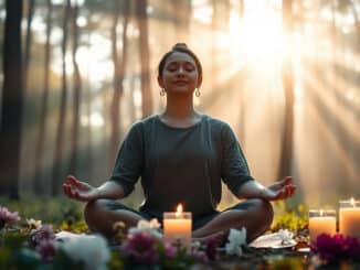 Meditation bei Angst einer Frau auf dem Waldboden bei Sonnenlicht