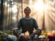 Meditation bei Angst einer Frau auf dem Waldboden bei Sonnenlicht