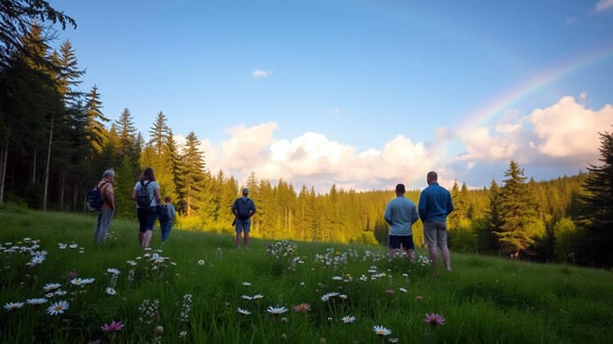 Gruppe Menschen bewundert auf einer Waldlichtung die natur