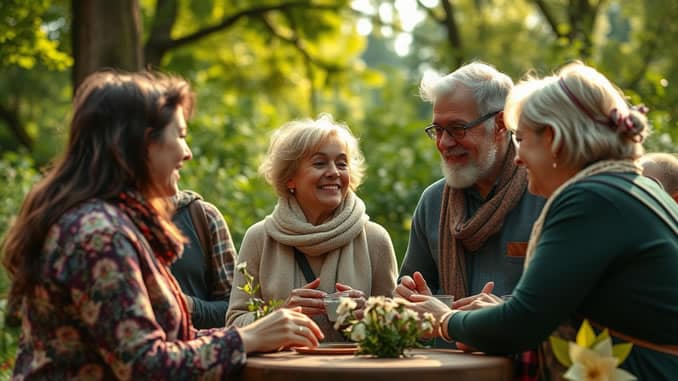 Diskussion einer Gruppe im Wald am Tisch