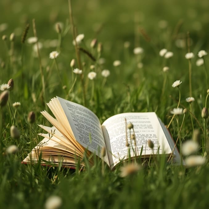 ein geöffnetes Buch liegt auf der Wiese