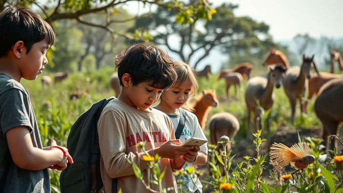 Kinder in der Natur mit Handy