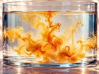 Goldene Farbwirbel unter ruhiger Wasseroberfläche in einem Glasgefäß.